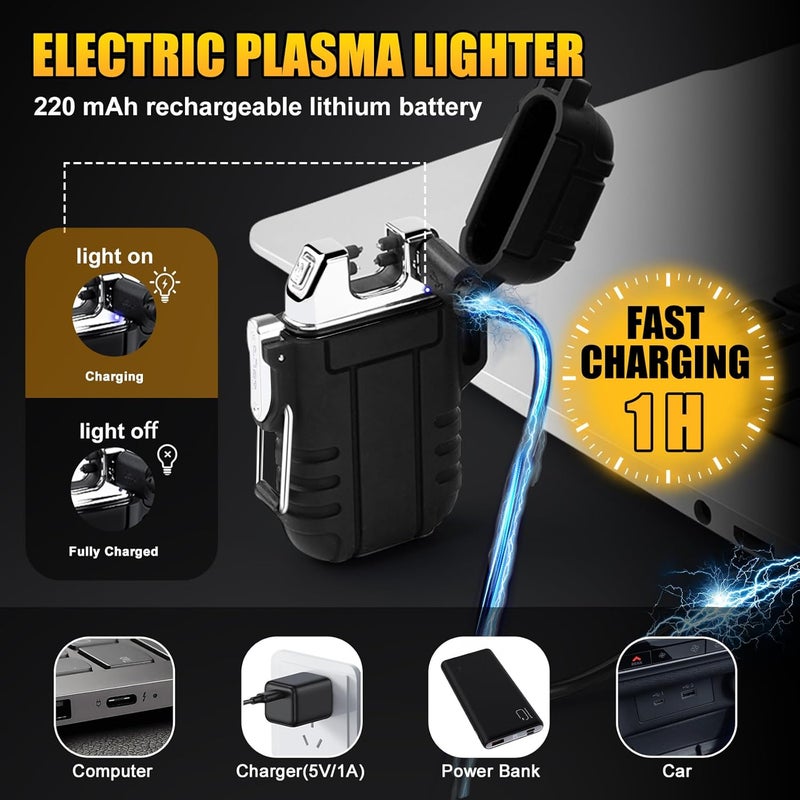 LCFUN 2 Pack Waterproof Lighter Outdoors Hunting Gear, Windproof Electric USB Rechargeable Dual Arc Plasma Lighter, Refillable Butane Torch Lighters, Tactical Survival Camping Hiking Gadgets for Men - Image 4